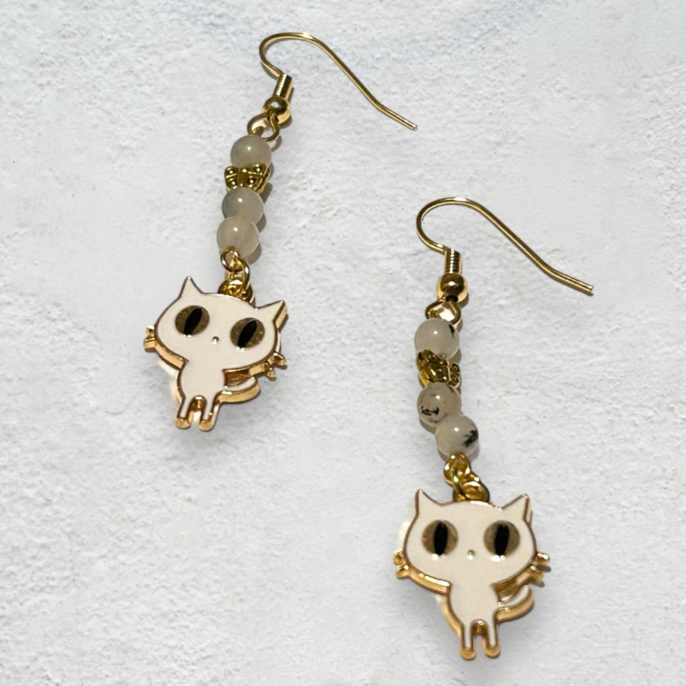 Hand Crafted Earring Cats Tourmaline Quartz Kitty White Butterfly - Picture 2 of 8